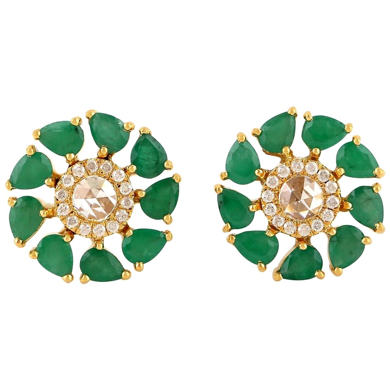 Emerald Diamond 18 Karat Gold Stud Earrings