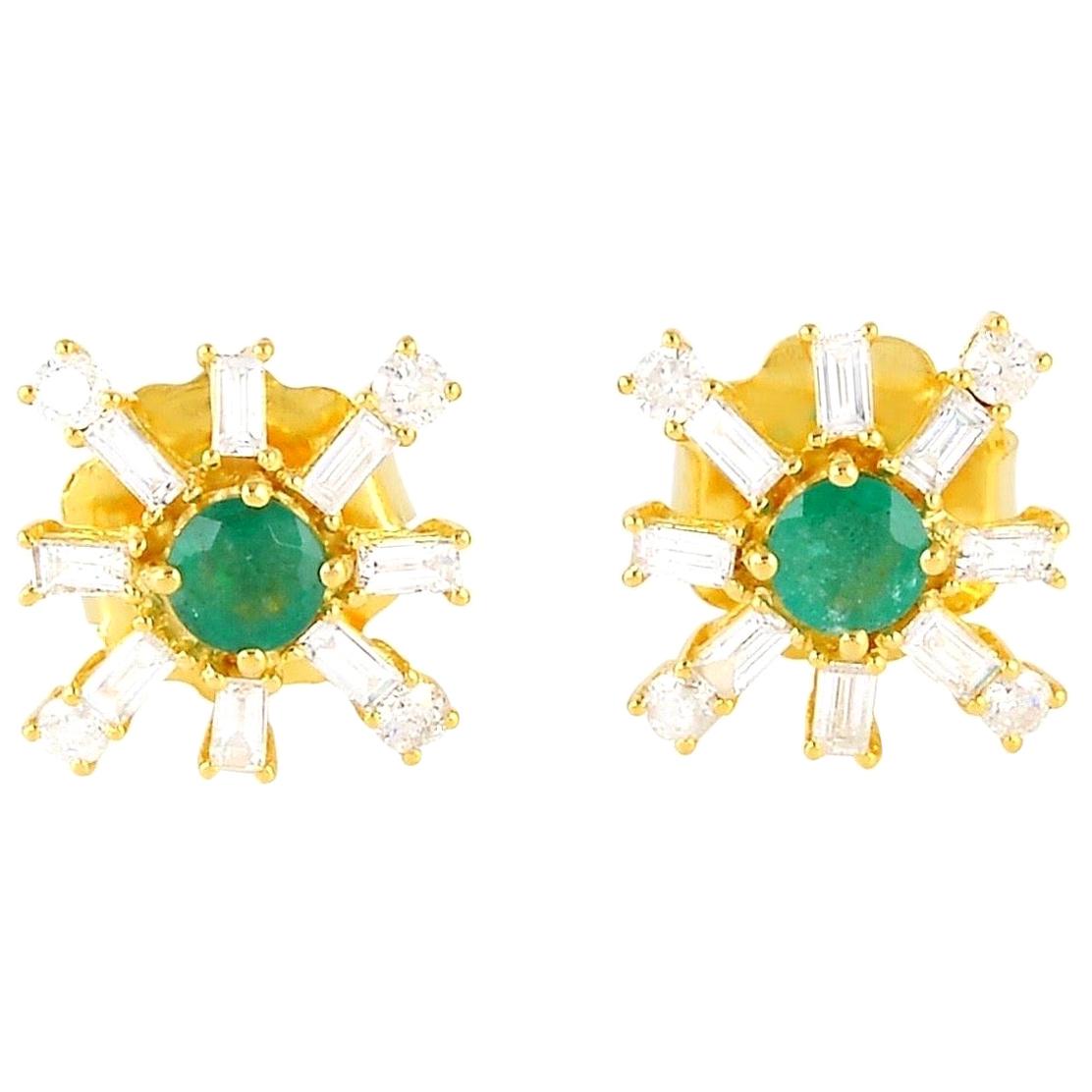 Emerald Diamond 18 Karat Gold Stud Earrings For Sale