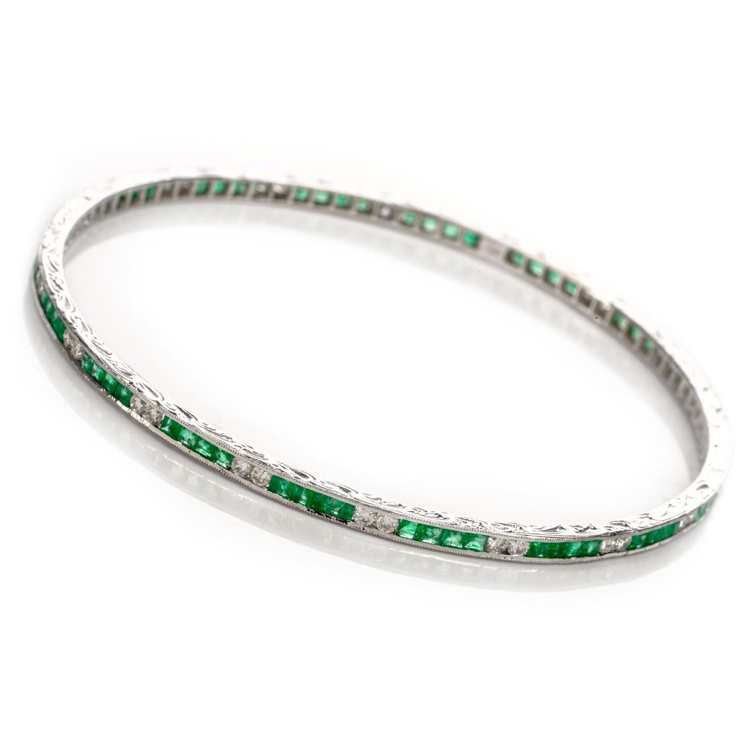 Emerald Cut Emerald Diamond 18 Karat White Gold Bangle Bracelet
