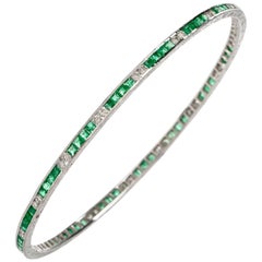 Emerald Diamond 18 Karat White Gold Bangle Bracelet