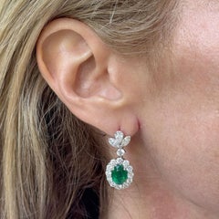 Emerald Diamond 18 Karat White Gold Drop Leverback Earrings New