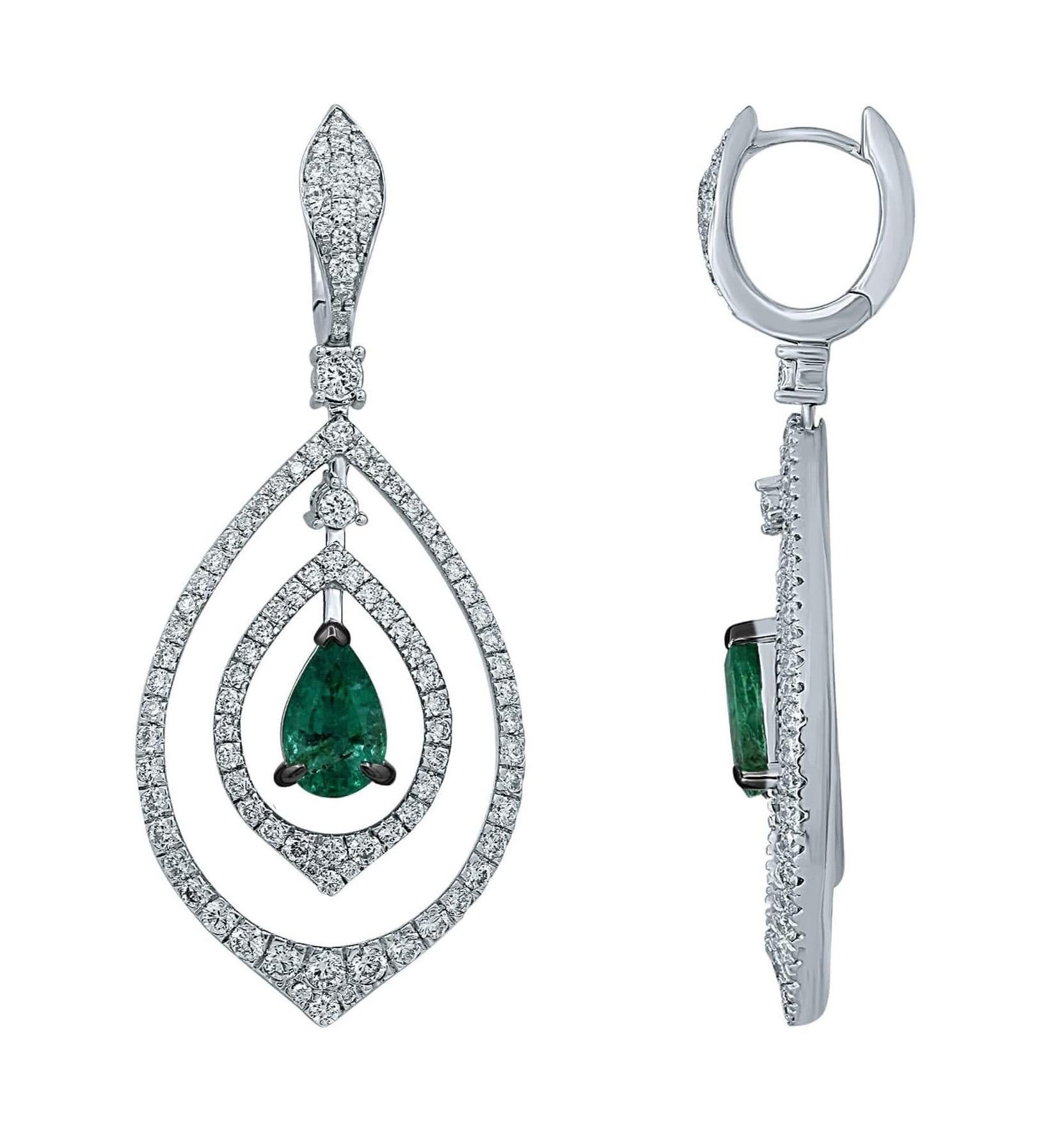 Mixed Cut Emerald Diamond 14 Karat White Gold Earrings For Sale