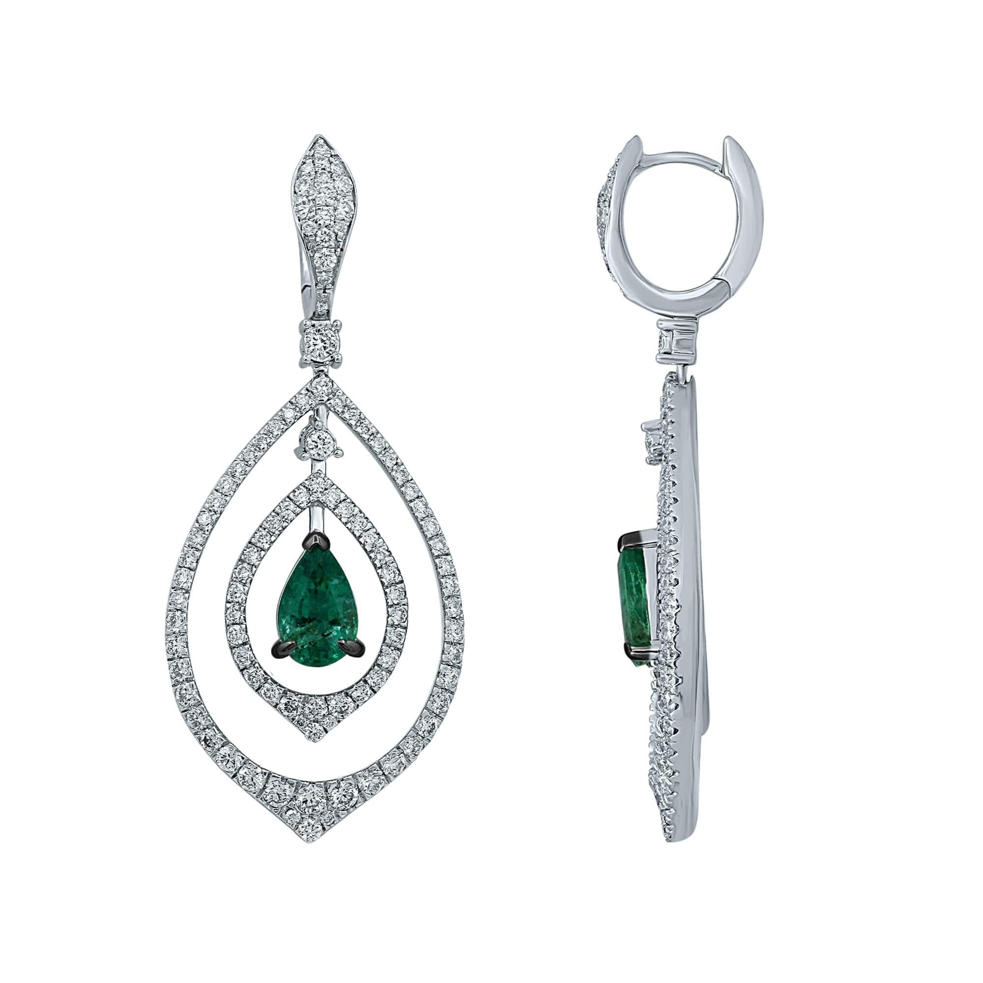 Women's Emerald Diamond 14 Karat White Gold Earrings For Sale