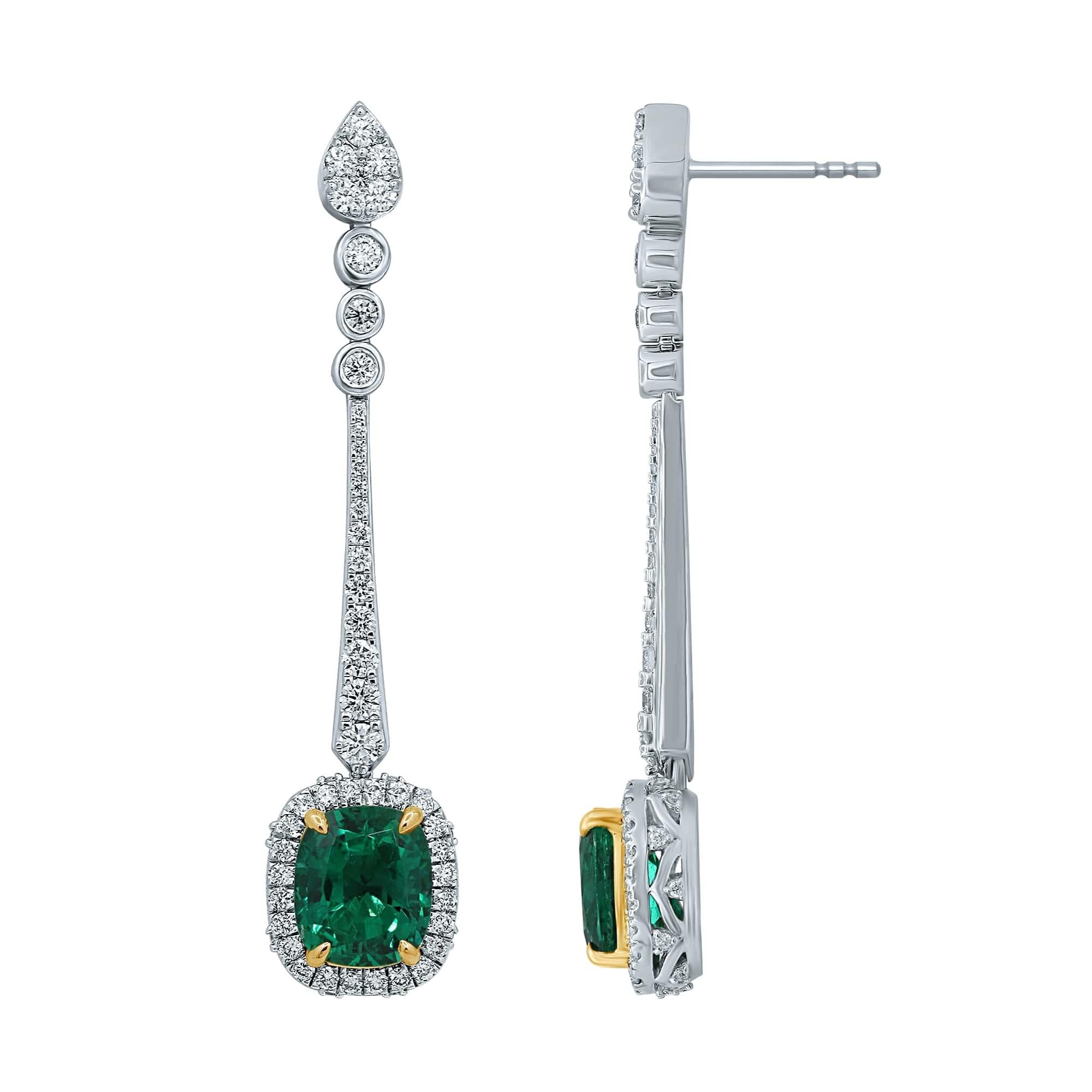 Mixed Cut Emerald Diamond 14 Karat White Gold Earrings For Sale