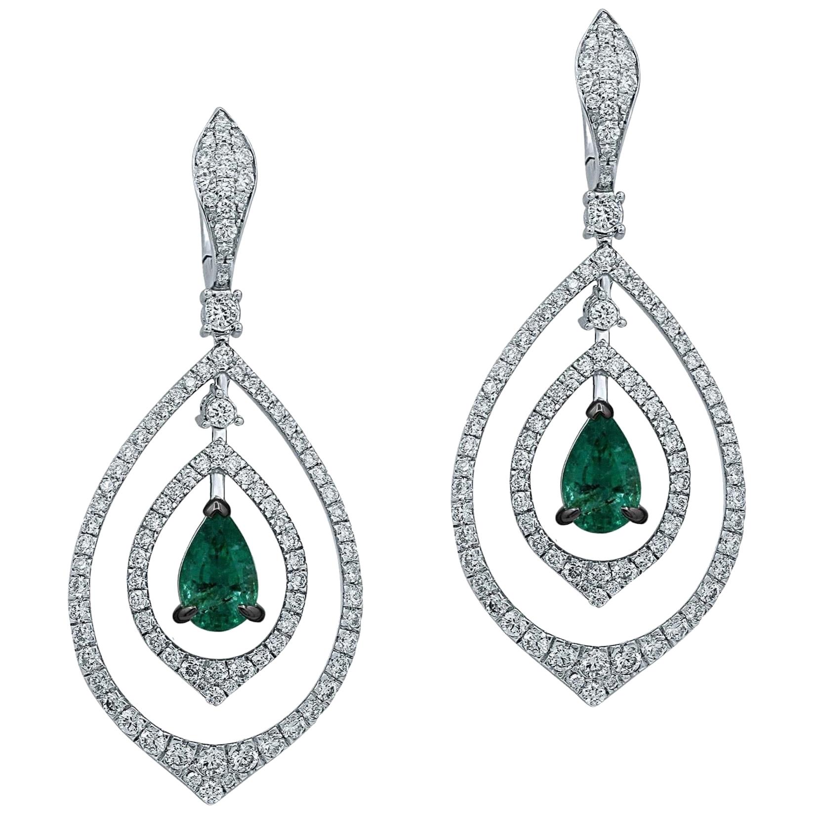 Emerald Diamond 14 Karat White Gold Earrings For Sale