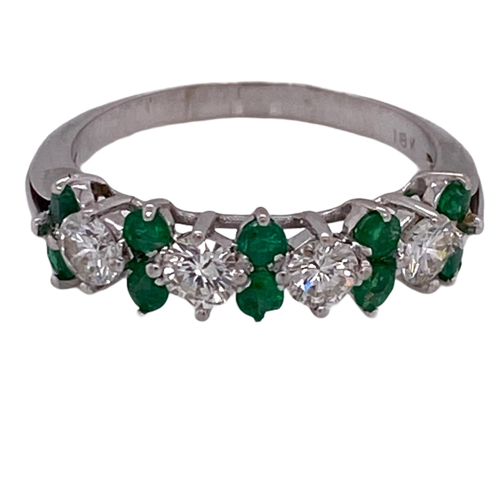 Modern Emerald Diamond 18 Karat White Gold Estate Band Ring