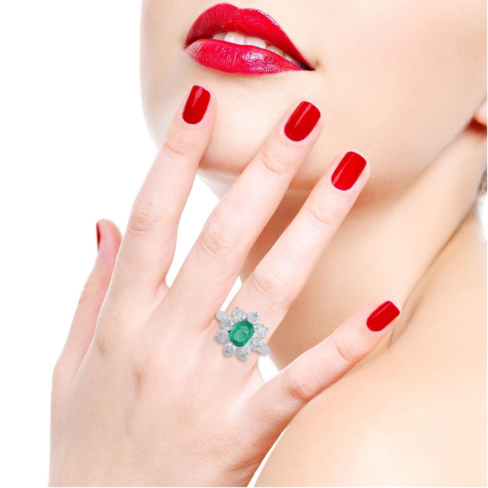 For Sale:  Emerald Diamond 18 Karat White Gold Floral Ring 2