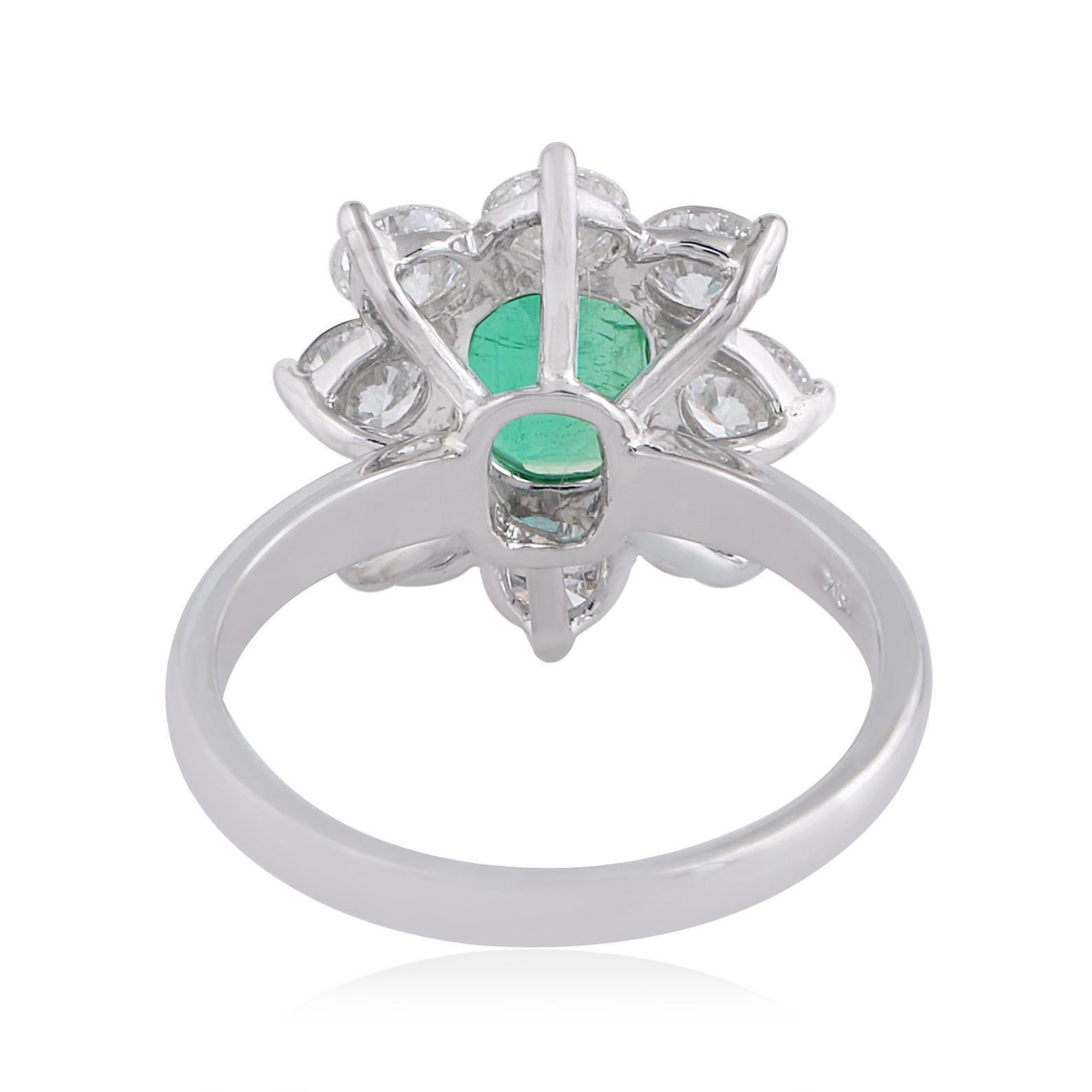 For Sale:  Emerald Diamond 18 Karat White Gold Floral Ring 4