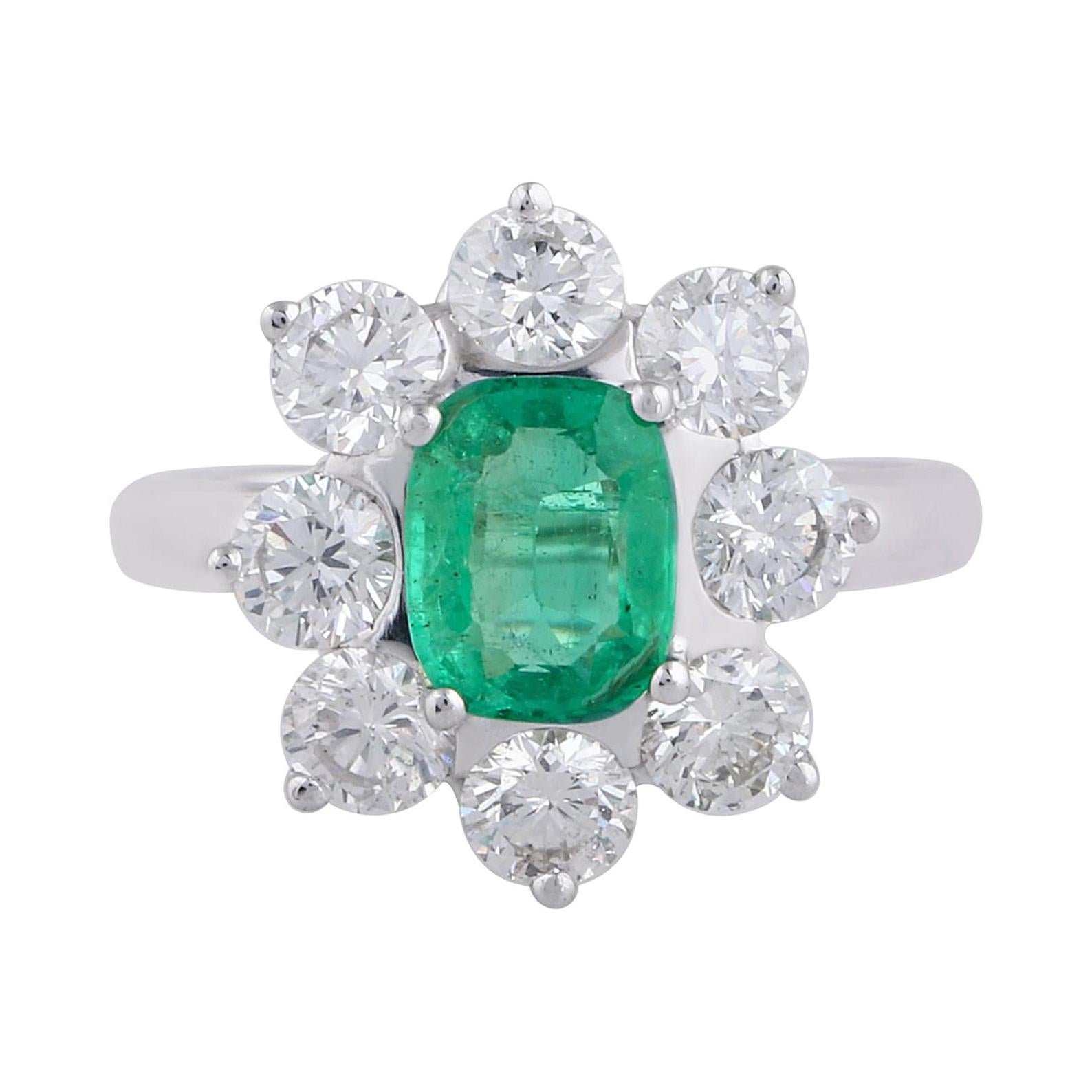 For Sale:  Emerald Diamond 18 Karat White Gold Floral Ring