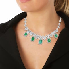 Zambian Emerald Diamond 14 Karat White Gold Statement Necklace