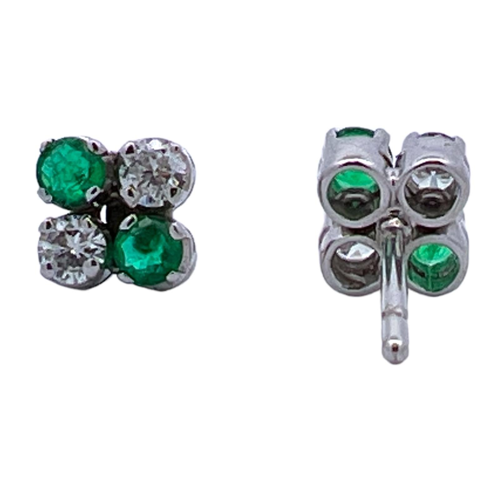 Round Cut Emerald Diamond 18 Karat White Gold Stud Earrings