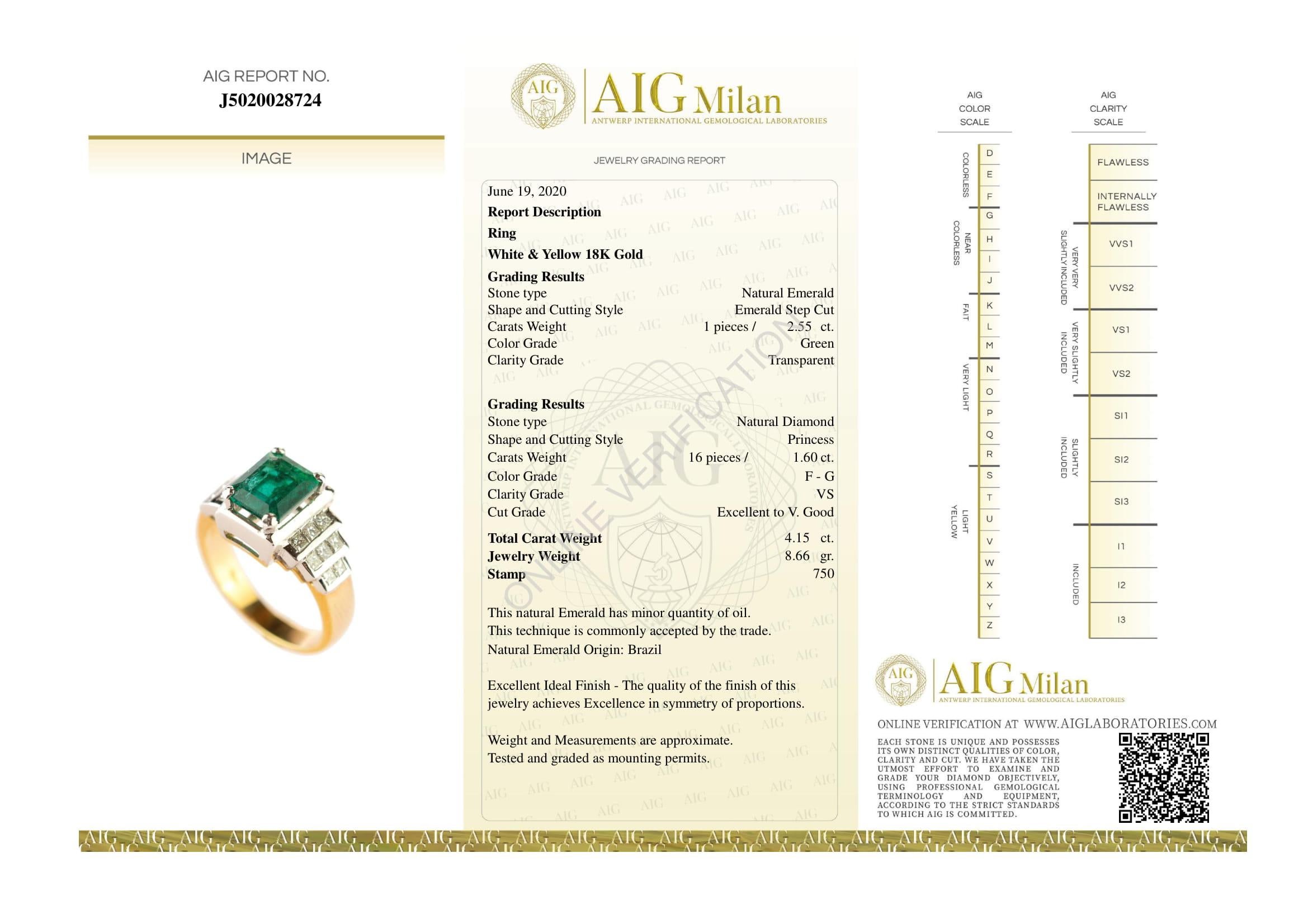 Revival Emerald Diamond 18 Karat White Yellow Gold Pyramid Cocktail AIG Certified Ring For Sale