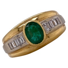 Emerald Diamond 18 Karat Yellow and White Gold Vintage Band Ring Emerald Diamond 18 Karat Yellow and White Gold Vintage Band Ring