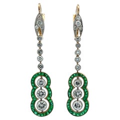 Emerald Diamond 18 Karat Yellow Gold Art Deco Style Drop Dangle Earrings