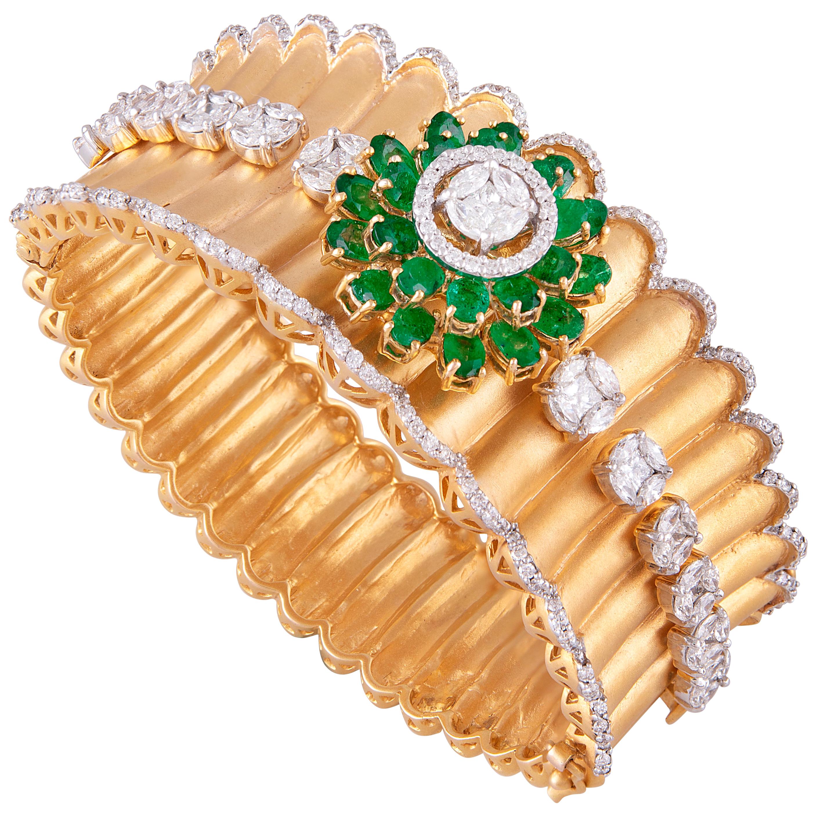 Emerald Diamond 18k Yellow Gold Cuff Bracelet