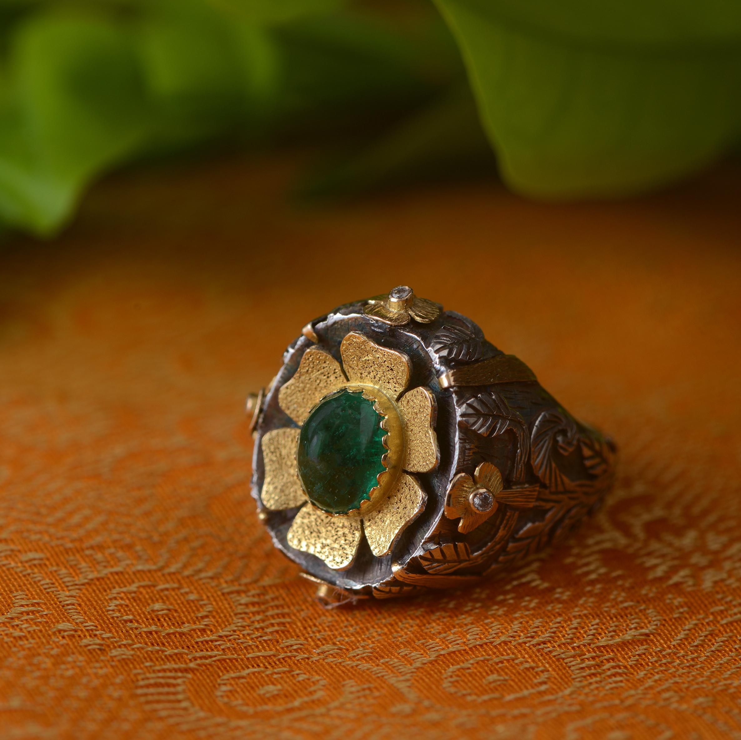 Artisan Emerald Diamond 18k Gold Silver Cocktail Flower Ring