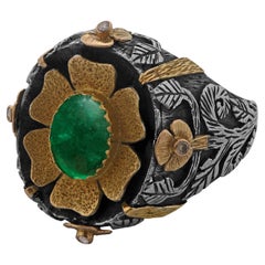 Anello a fiore con smeraldo e diamante in oro 18 carati e argento