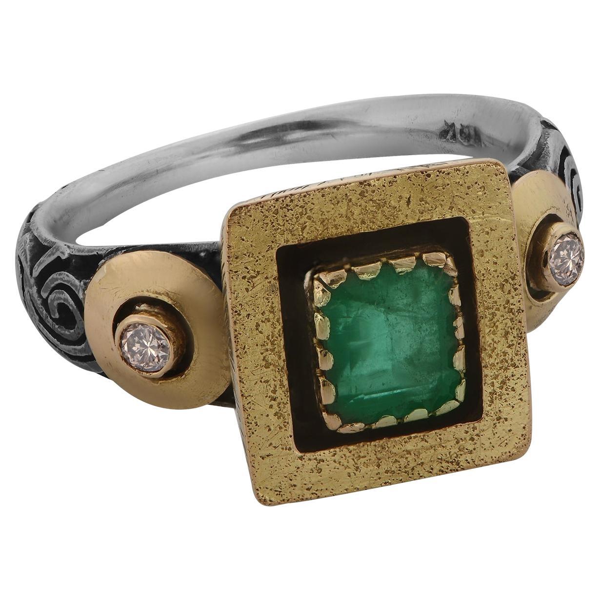 Emerald Diamond 18k Gold Silver Dress Ring For Sale