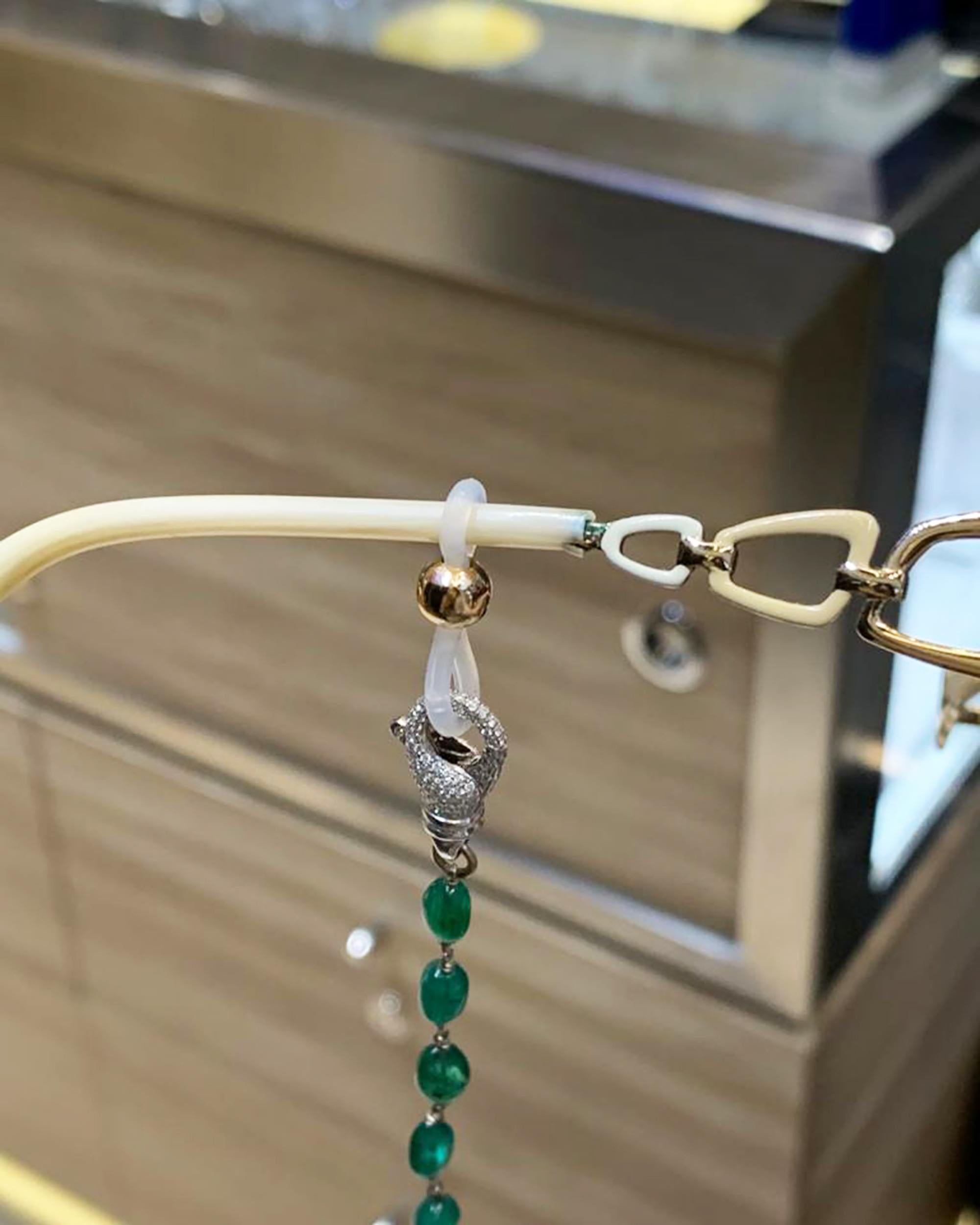 Women's or Men's Spectra Fine Jewelry Emerald Diamond Briolette Necklace For Sale