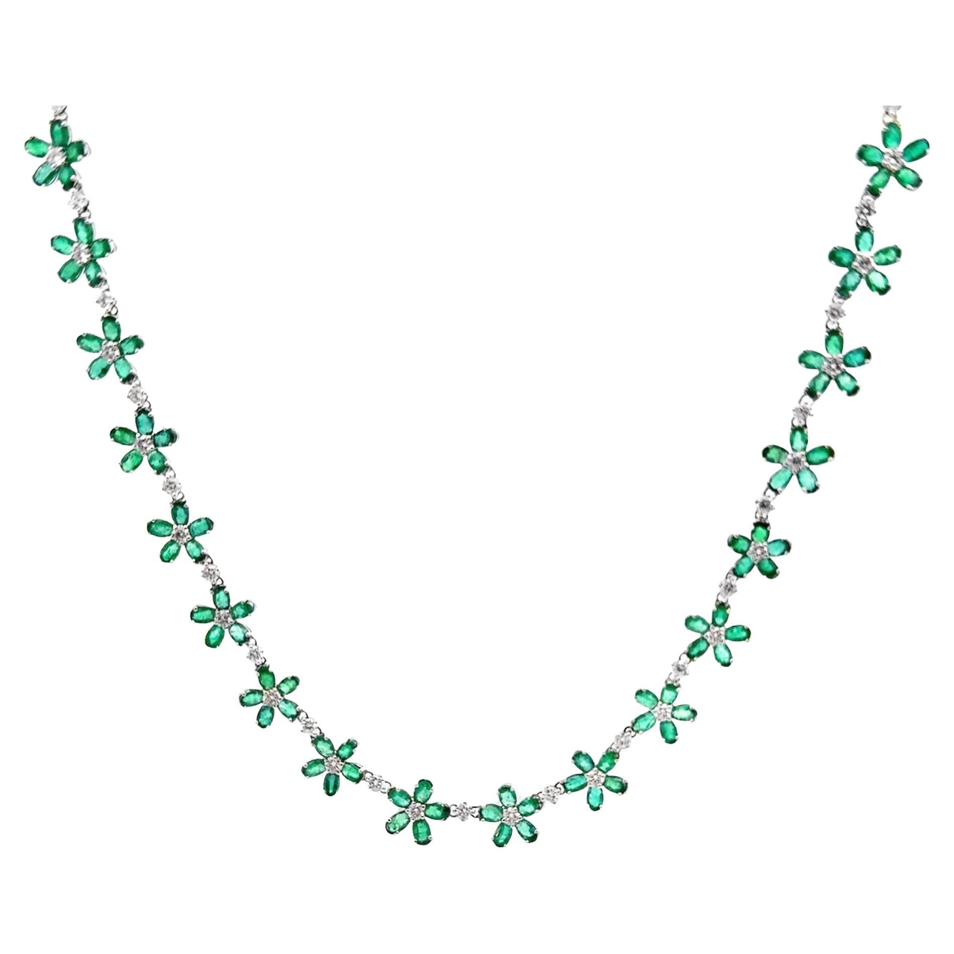 Emerald & Diamond 18k White Gold Flower Necklace
