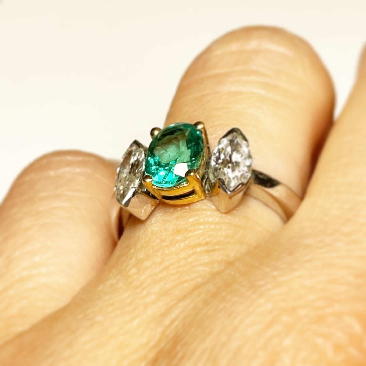 Emerald Diamond 18k White Gold Three-Stone Engagement Bridal Ring 1