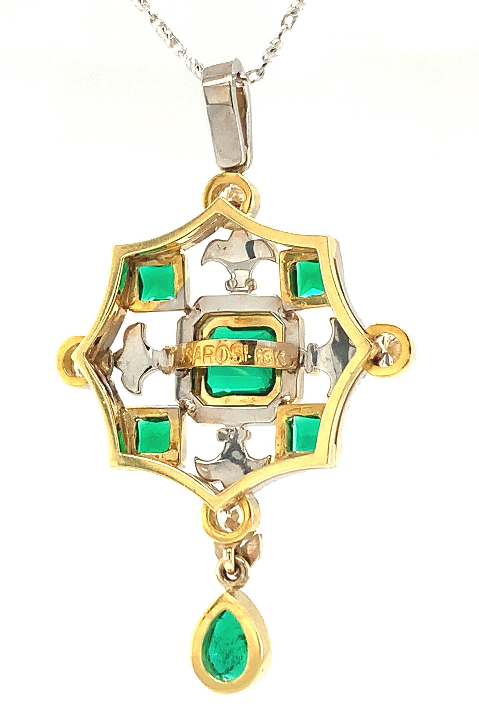 Emerald Cut Emerald and Diamond Renaissance Inspired Necklace in 18k White and Yellow Gold For Sale