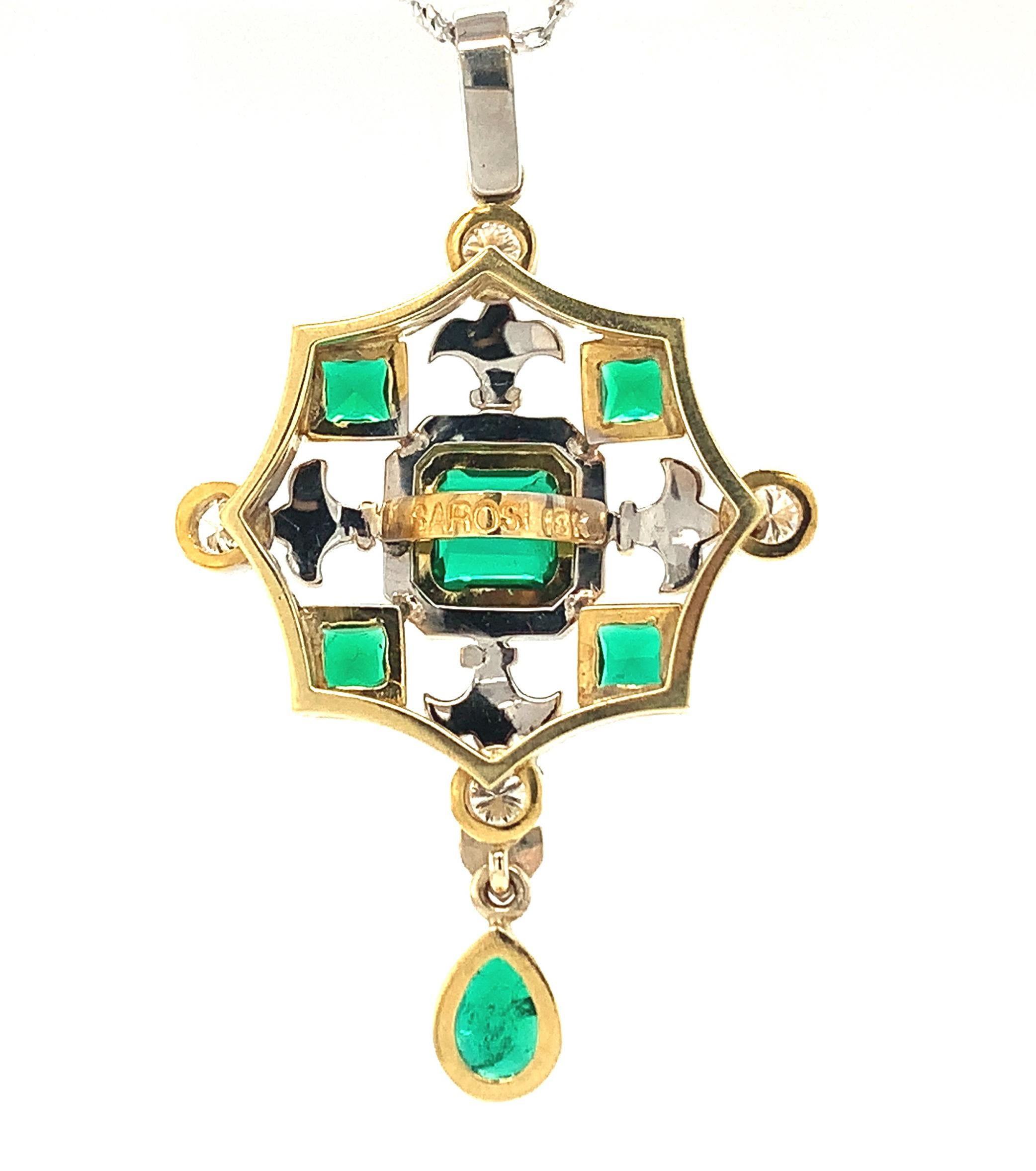 Emerald and Diamond Renaissance Inspired Necklace in 18k White and Yellow Gold In New Condition For Sale In Los Angeles, CA