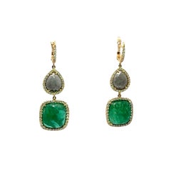 Emerald Diamond 18k Yellow Gold Drop Earrings