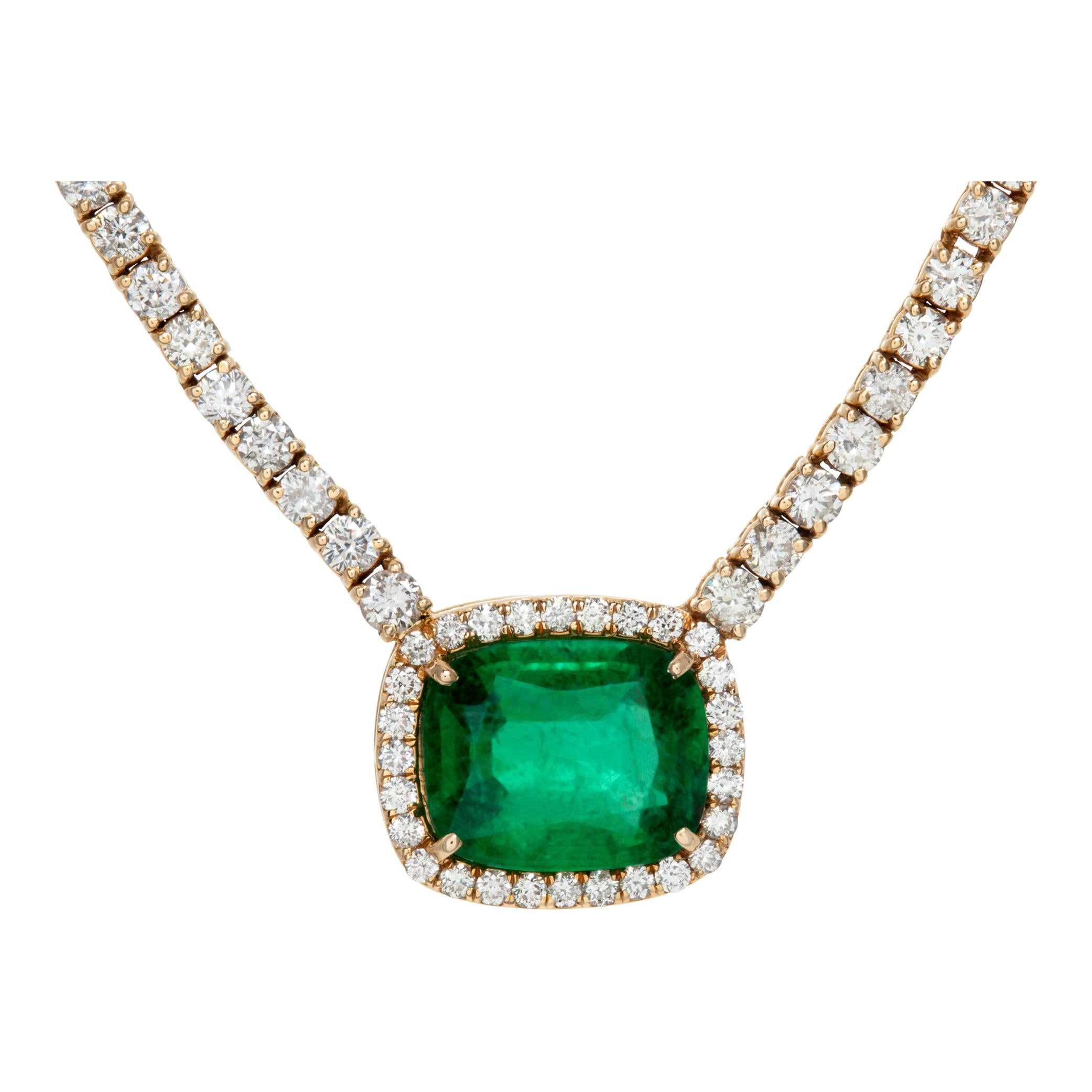 Rectangular cushion cut emerald & diamonds necklace in 18k yellow gold. Round brilliant cut diamonds total approx. weight over 6.00 carats, estimate G -H color, VS clarity. Brilliant cut emerald total approx. weight 5.00 carats. Length 17.5 inches,