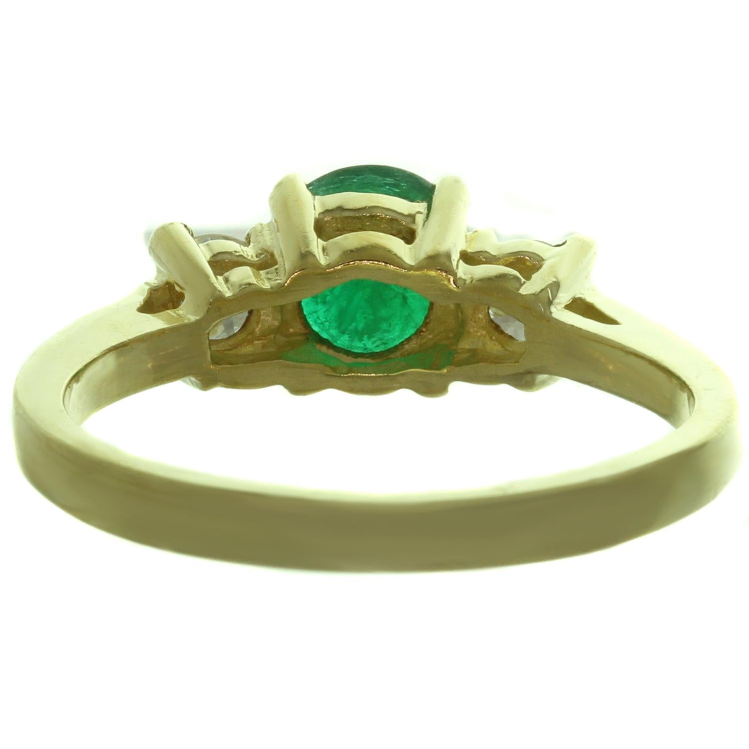 Women's Emerald Diamond 3-Stone Yellow Gold Ring For Sale