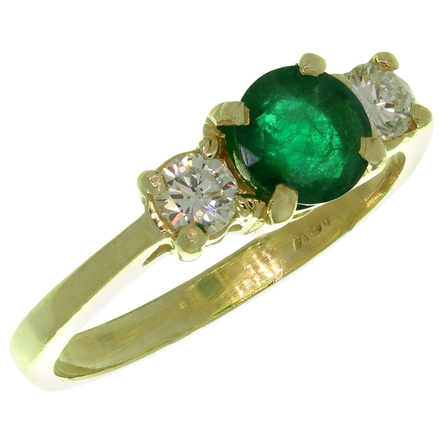 Emerald Diamond 3-Stone Yellow Gold Ring For Sale