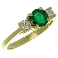 Vintage Emerald Diamond 3-Stone Yellow Gold Ring