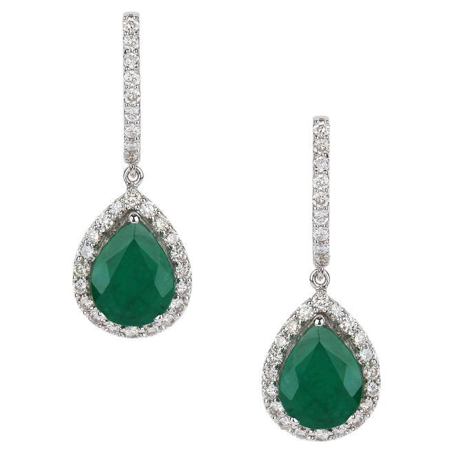 Emerald & Diamond Accented Earrings in 18K White Gold For Sale