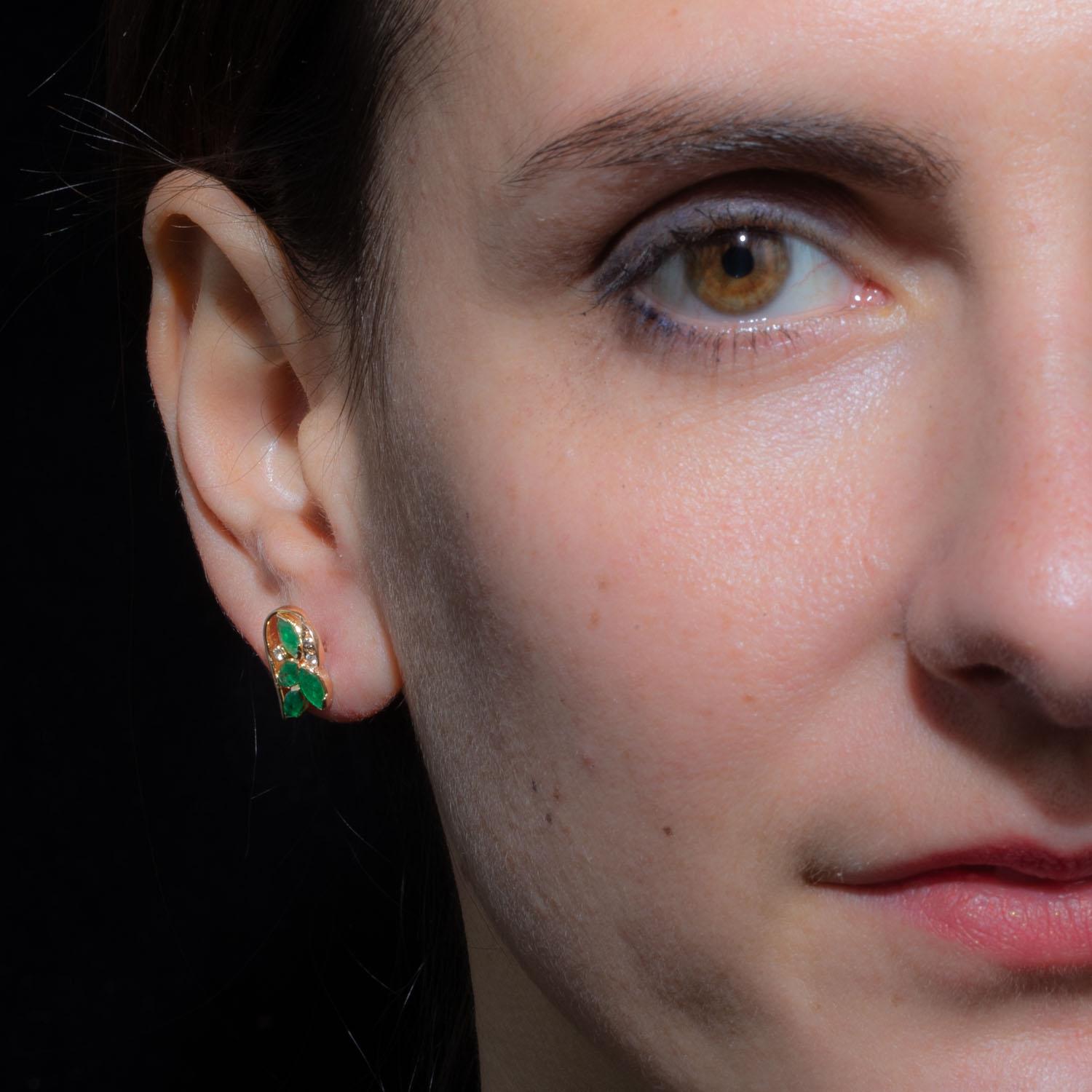 Marquise Cut Emerald, Diamond and 18K Gold Stud Earrings