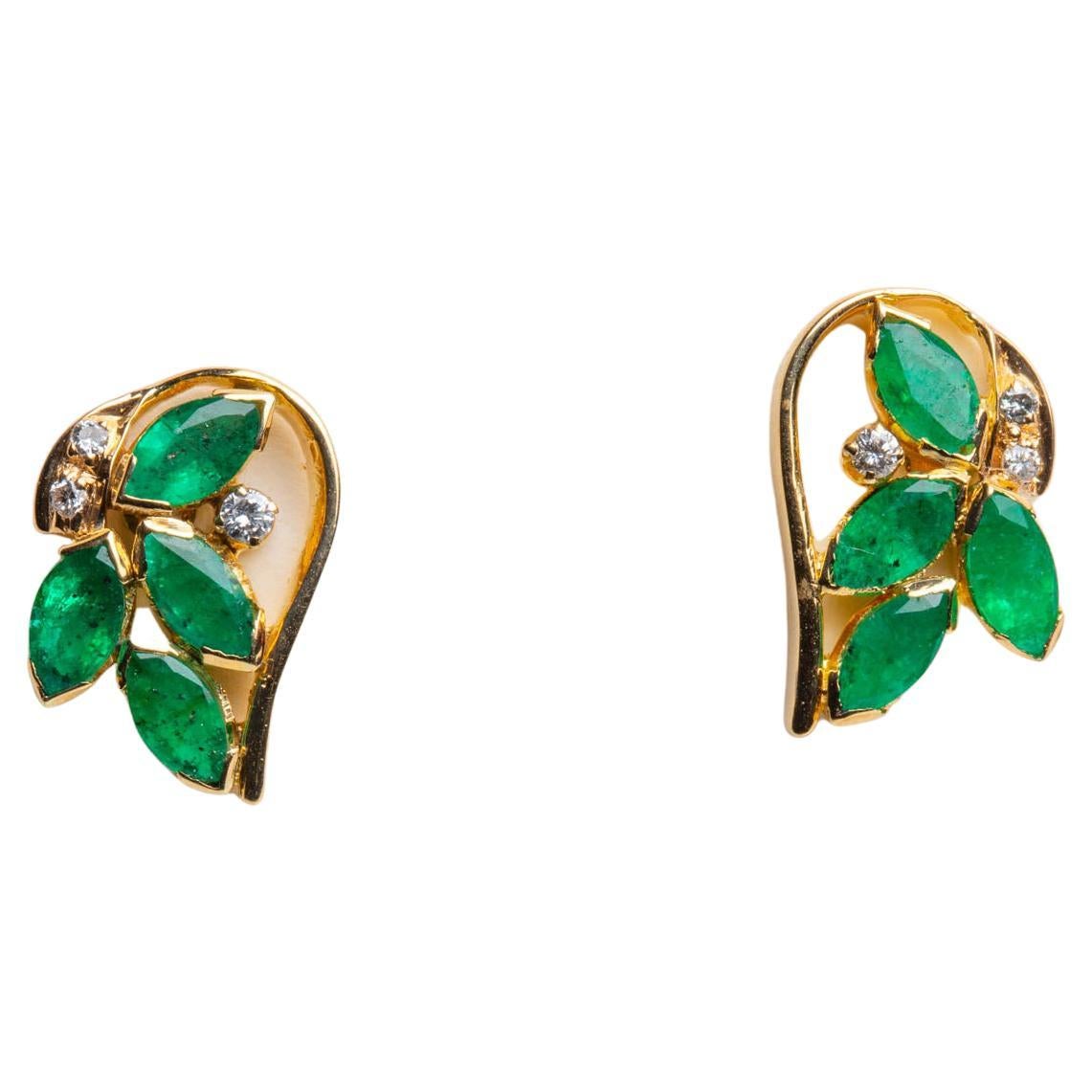 Emerald, Diamond and 18K Gold Stud Earrings