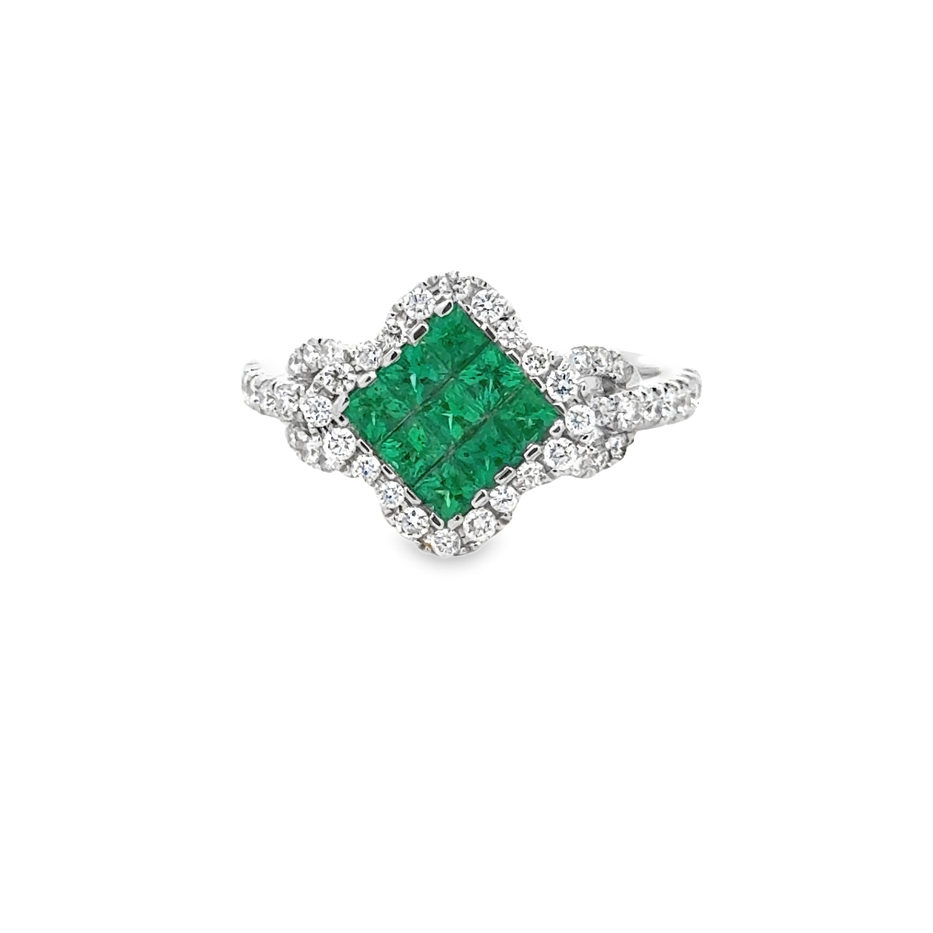 Modern Emerald, Diamond and 18K White Gold Cocktail Ring For Sale