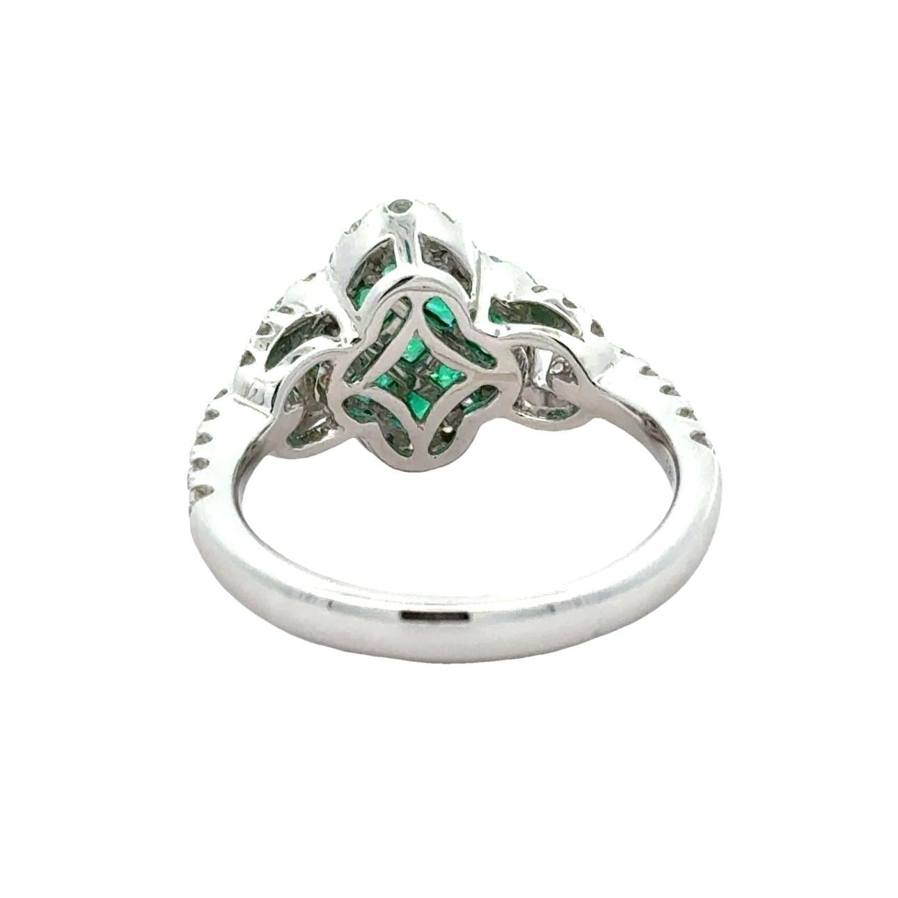Emerald, Diamond and 18K White Gold Cocktail Ring In Good Condition For Sale In Derby, NY