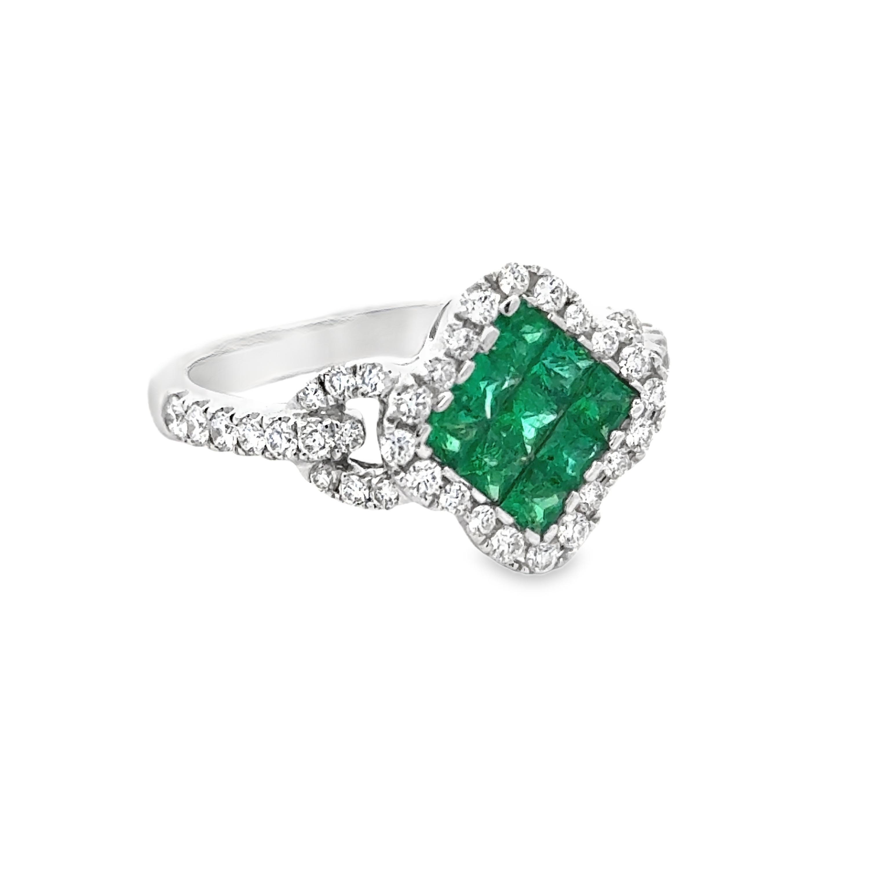 Women's Emerald, Diamond and 18K White Gold Cocktail Ring For Sale