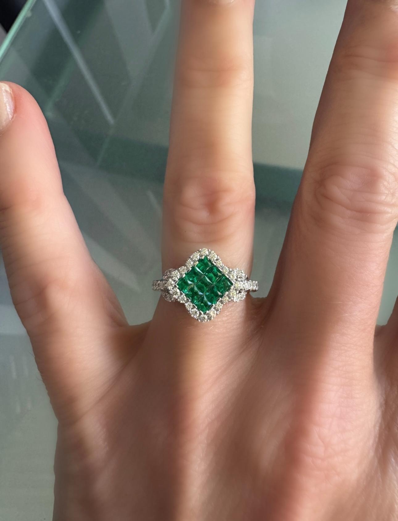 Emerald, Diamond and 18K White Gold Cocktail Ring For Sale 1