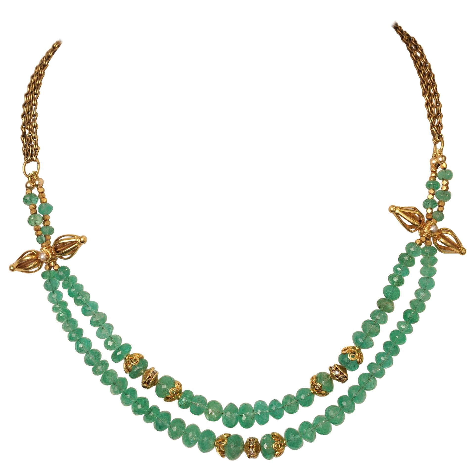 Emerald, Diamond and 22 Karat Gold Beaded Necklace by Deborah Lockhart Phillips For Sale