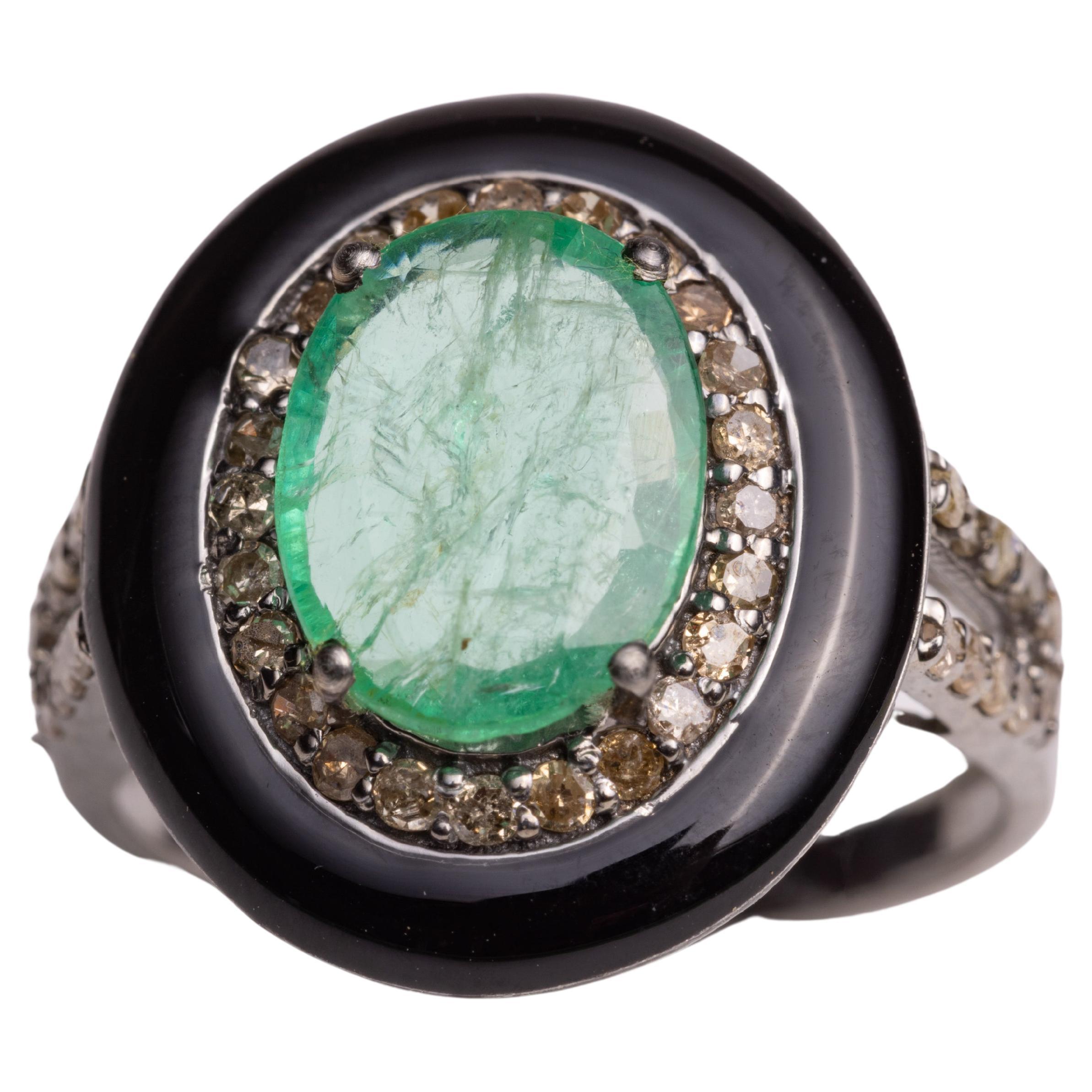 Emerald, Diamond and Black Onyx Ring For Sale