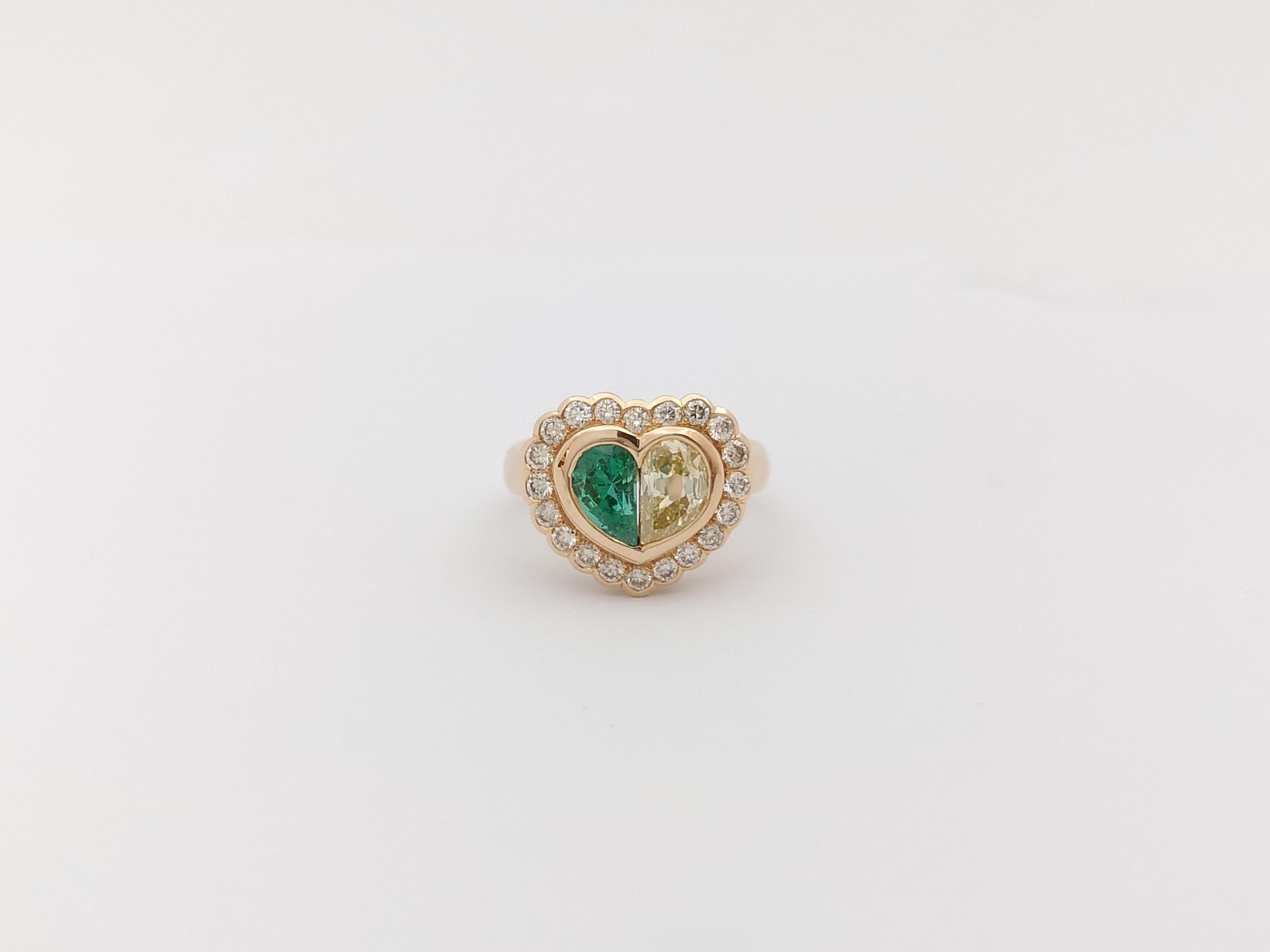 Emerald, Diamond and Brown Diamond Heart Ring Set in 18 Karat Rose Gold Setting For Sale 9