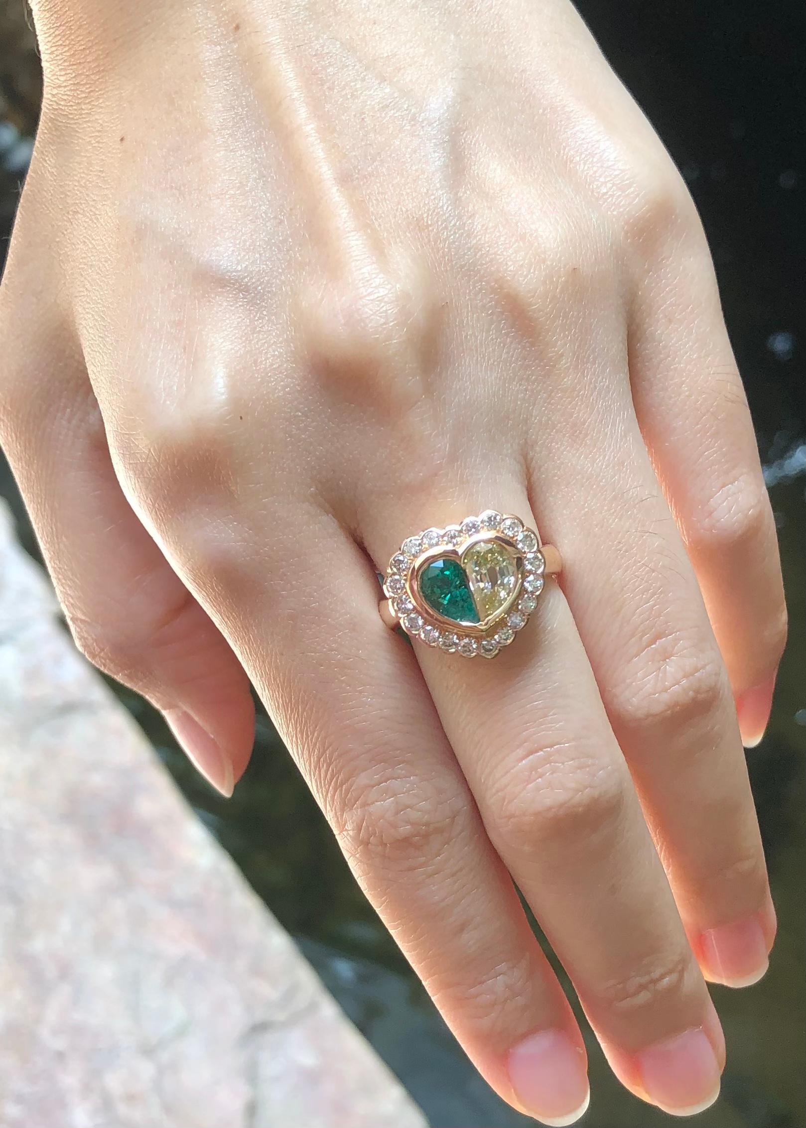 Mixed Cut Emerald, Diamond and Brown Diamond Heart Ring Set in 18 Karat Rose Gold Setting For Sale
