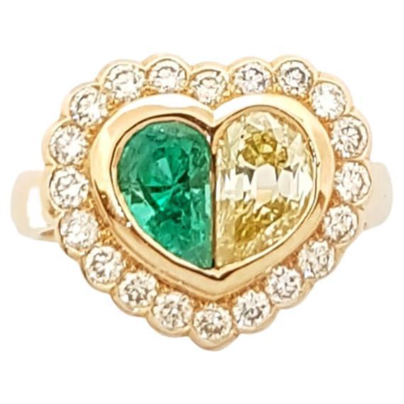 Emerald, Diamond and Brown Diamond Heart Ring Set in 18 Karat Rose Gold Setting For Sale