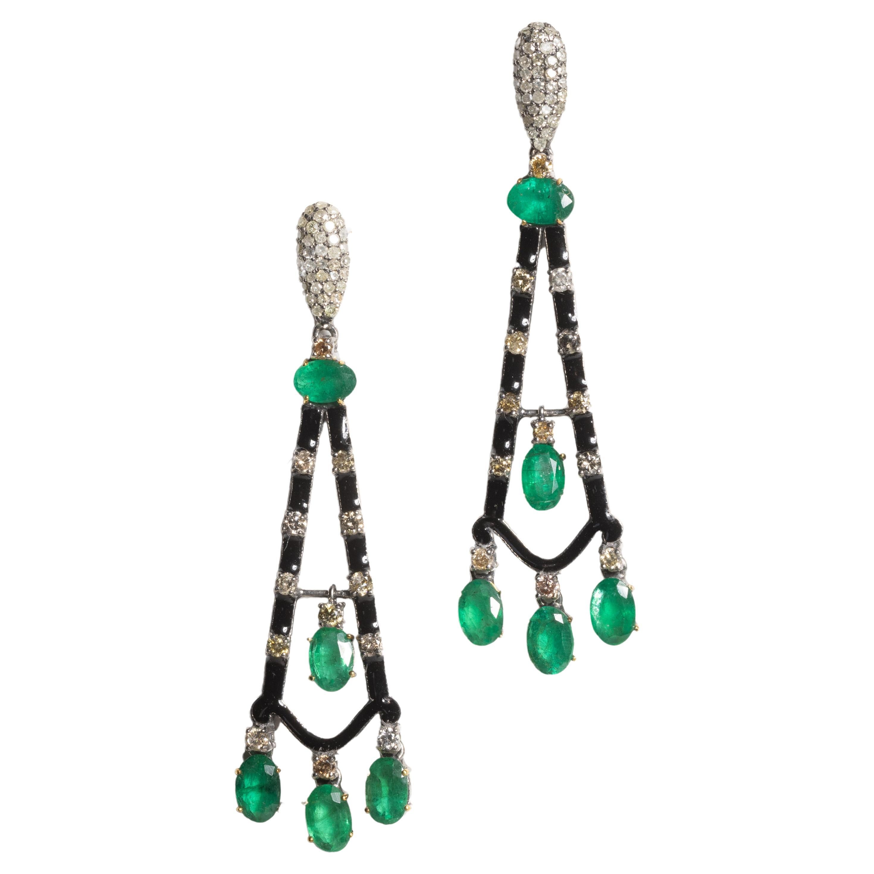 Emerald, Diamond and Enamel Dangle Drop Earrings