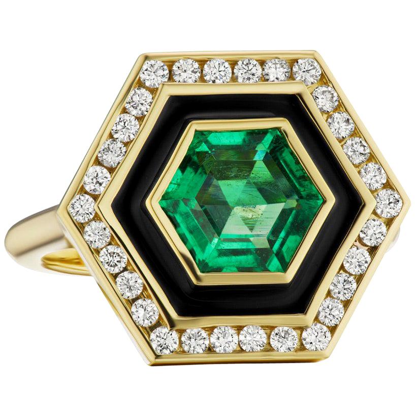 Emerald, Diamond and Enamel Hexagonal Museum Series Ring in 18 Karat Yellow Gold