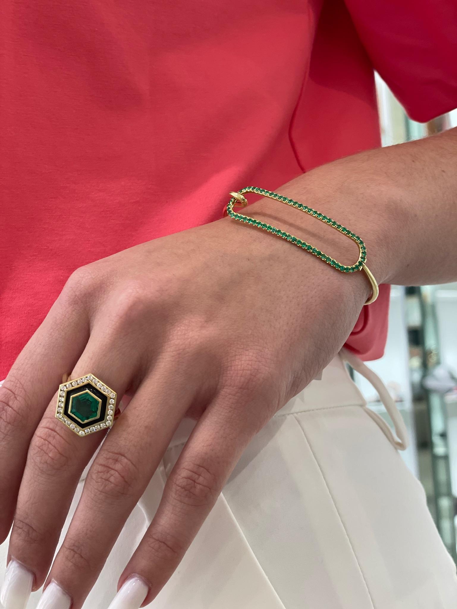 Hexagon Cut Emerald, Diamond and Enamel Hexagonal Museum Series Ring in 18 Karat Yellow Gold