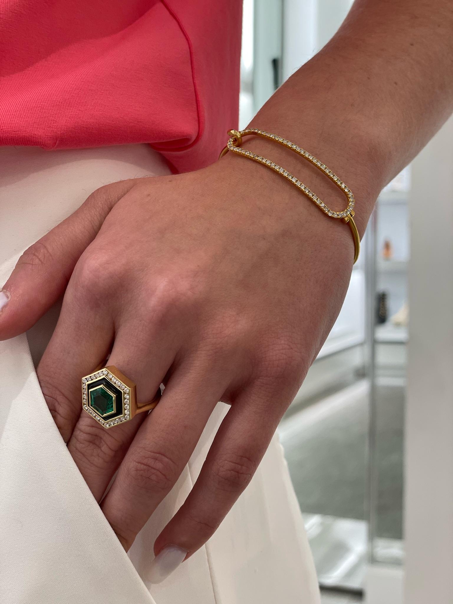 Women's or Men's Emerald, Diamond and Enamel Hexagonal Museum Series Ring in 18 Karat Yellow Gold