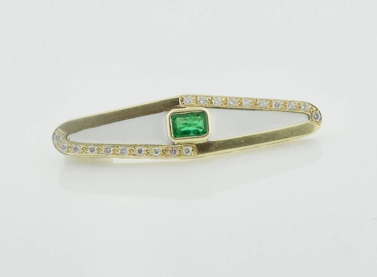 Emerald Diamond and Enamel Modern Brooch 