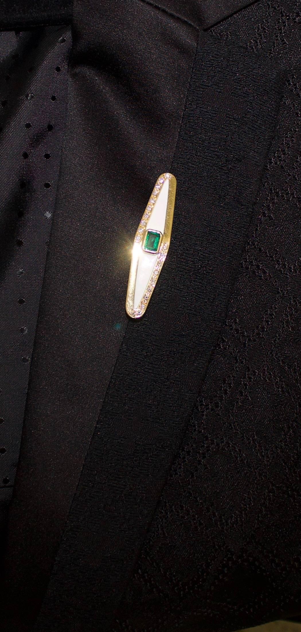 Emerald Diamond and Enamel Modern Brooch 